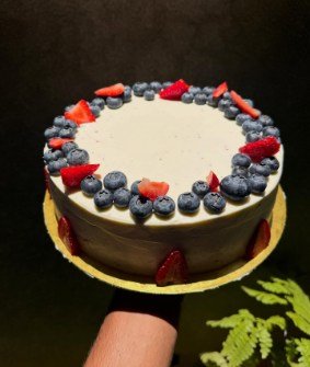 A cream-topped cake ringed with blueberries and strawberry points, held over green leaves.