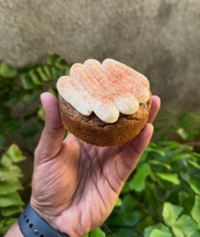 A cookie topped with a dome of pale cream and a dusting of sugar, held against greenery.