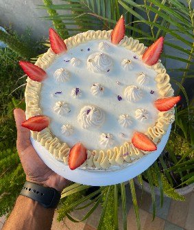 A pale, softly iced cake finished with strawberry points and piped detail, held against palm fronds.